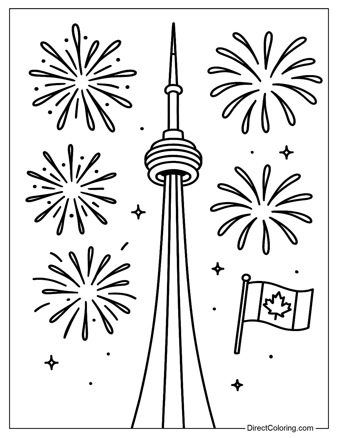 A CN Tower coloring page in Toronto under fireworks celebrating Independence Day. Incorporates a small Canadian flag.